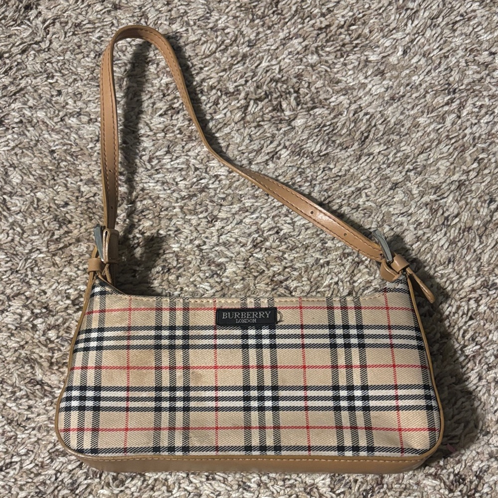 Burberry Beige Plaid Shoulder Bag with Tan Leather Trim
